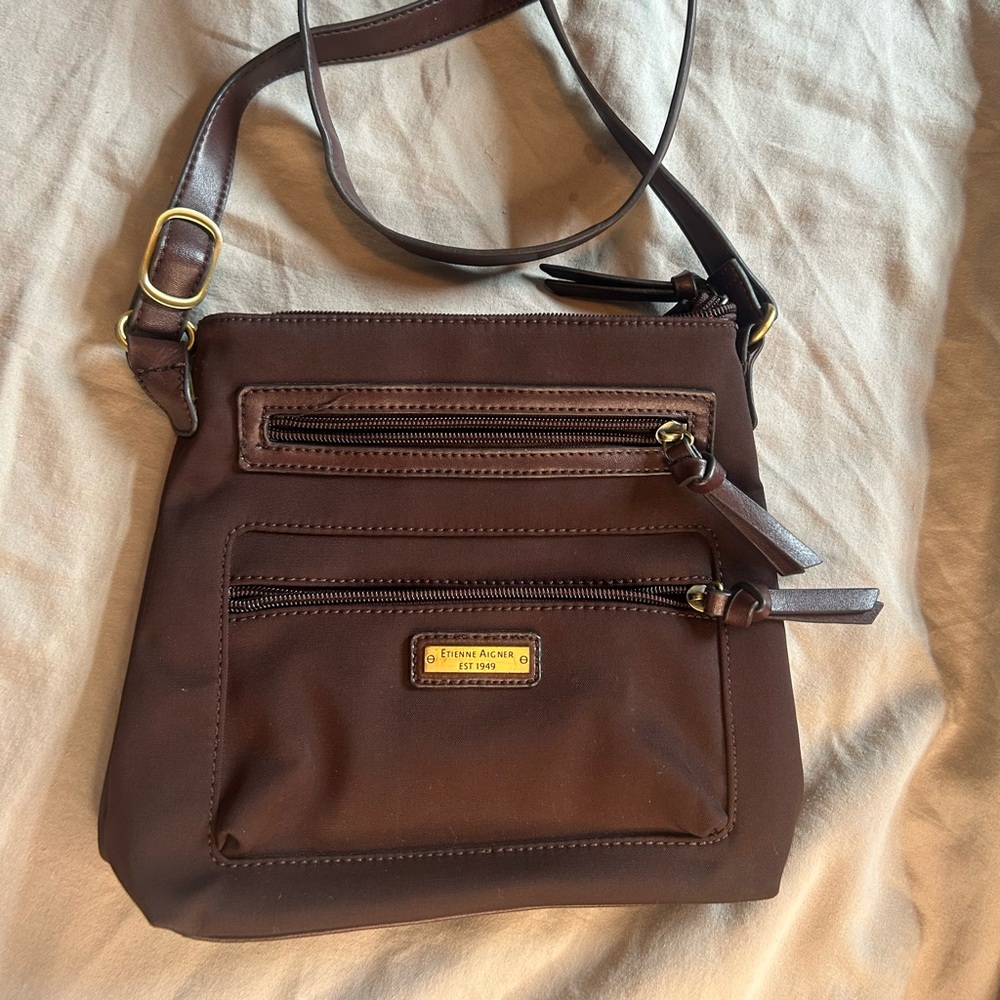Etienne Aigner Brown Nylon Crossbody Bag Adjustable Strap Gold Logo